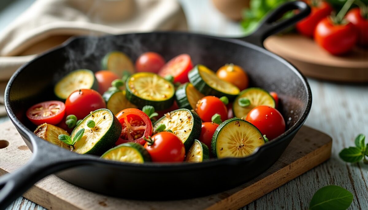 Délice express : poêlée fondante de courgettes et tomates à l’ail prête en 25 minutes