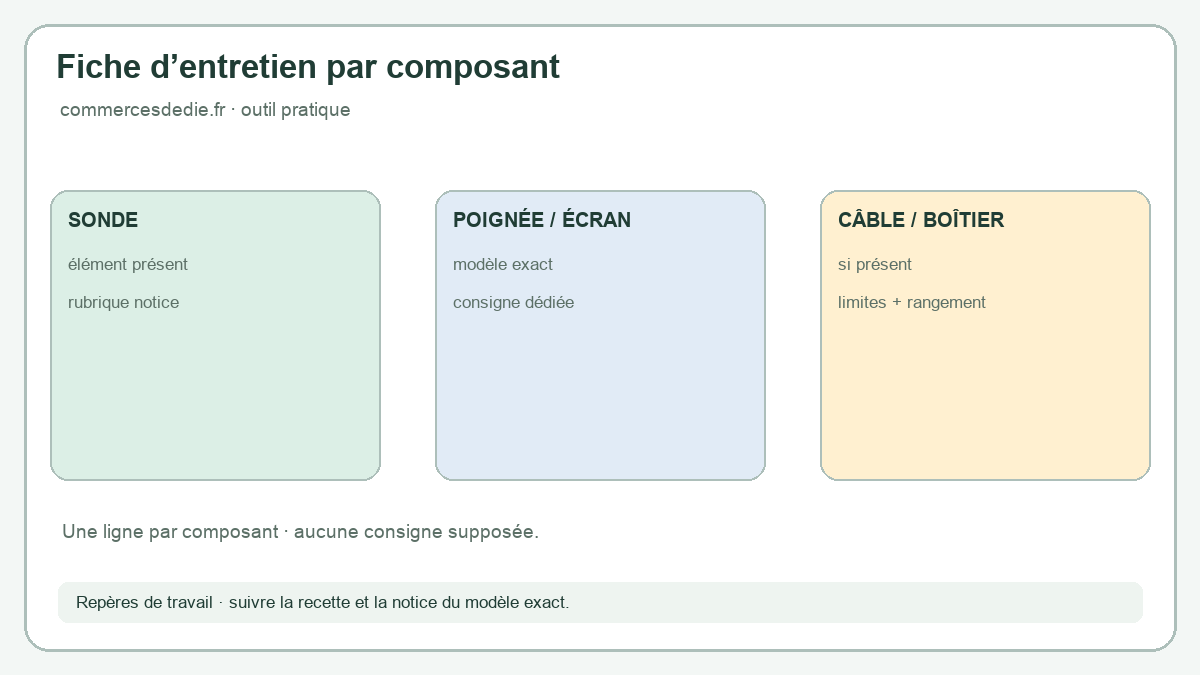 Tableau qui relie chaque composant présent du thermomètre à la rubrique correspondante de la notice et à l’action documentée.